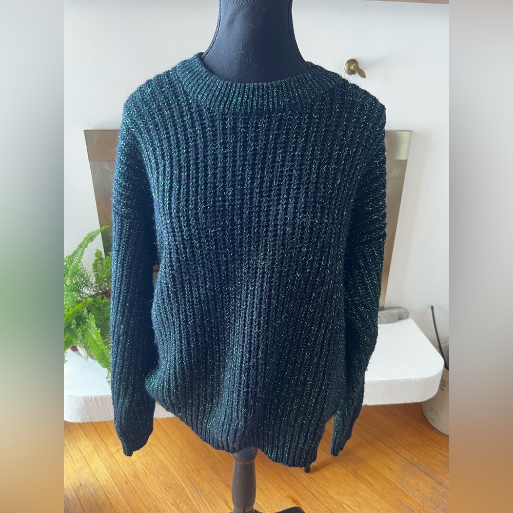 Vintage Women's Black and Sparkly Green Knit Sweater